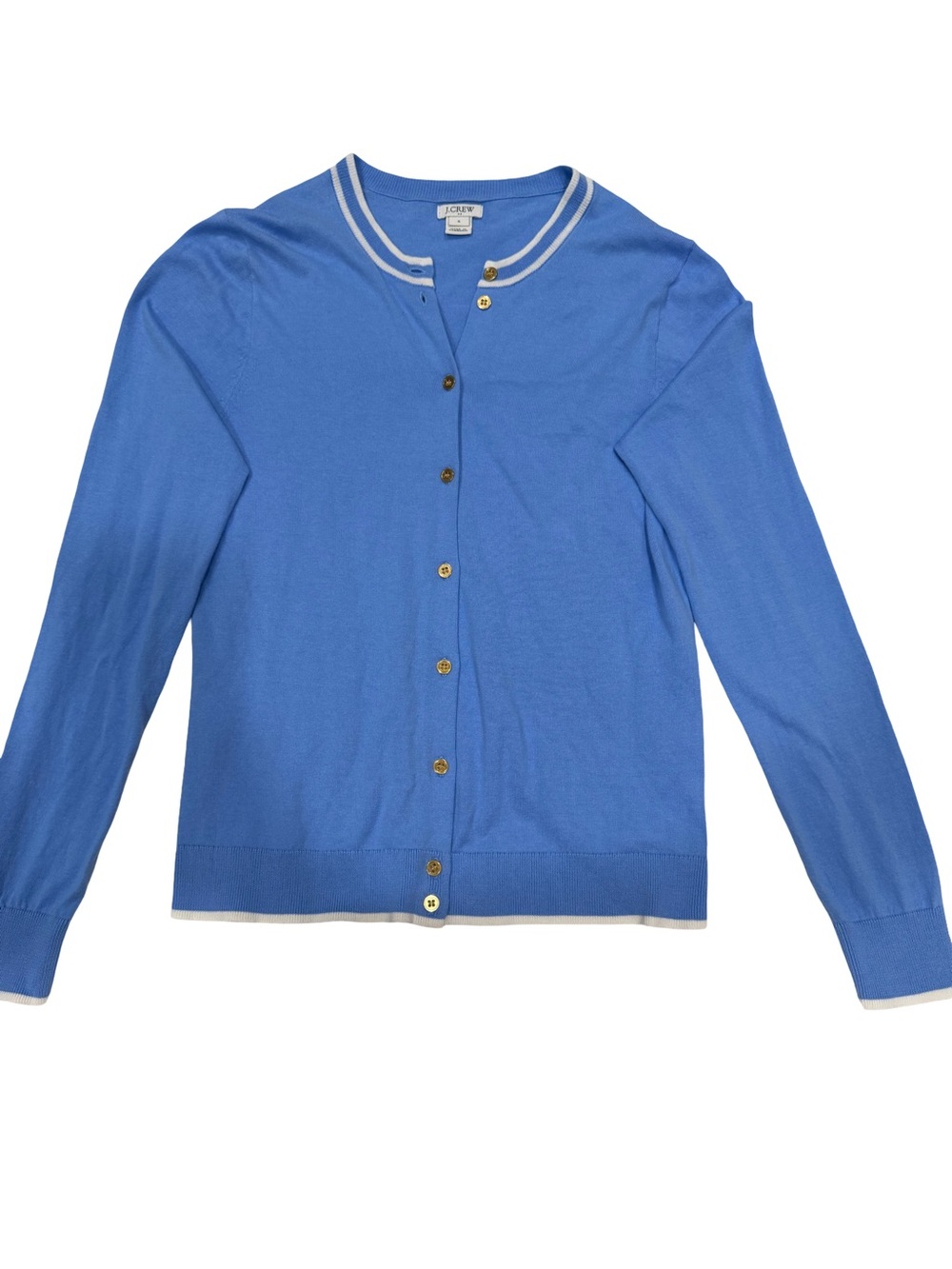 J. Crew Cornflower Blue Crewneck Button Cardigan with White Trim